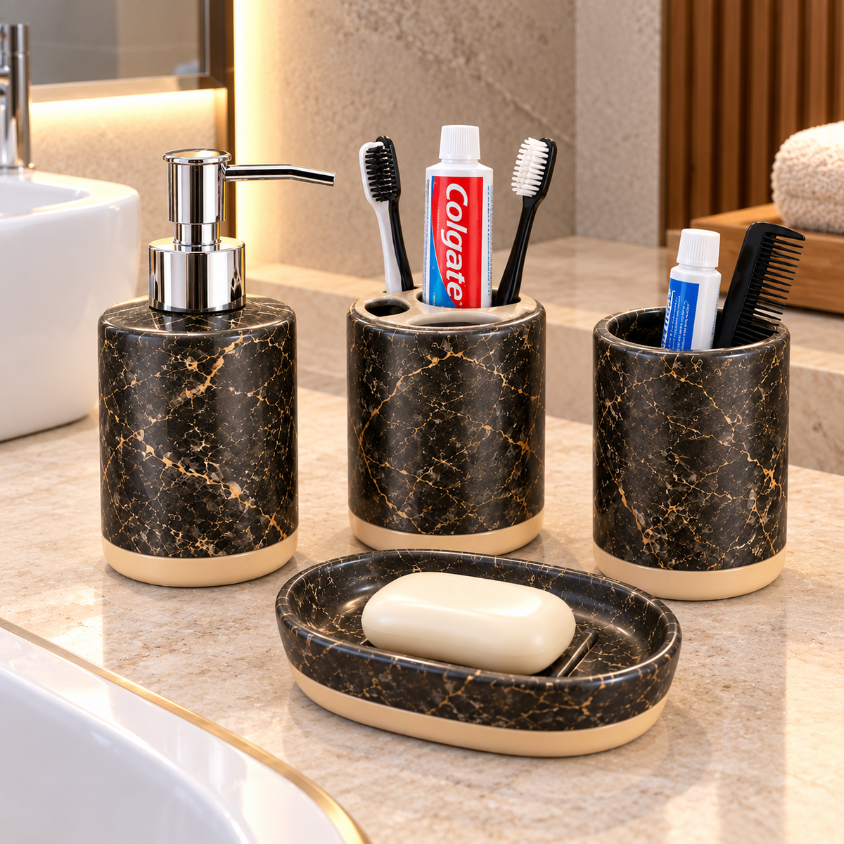BLACK & GOLD MARBLE DESIGN BATHROOM ACCESSORY SET