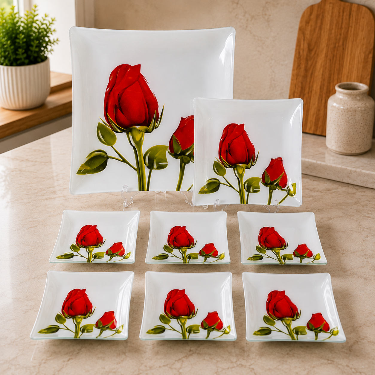 ARCOFAM SQUARE GLASS SERVING PLATE SET – RED PANIZ