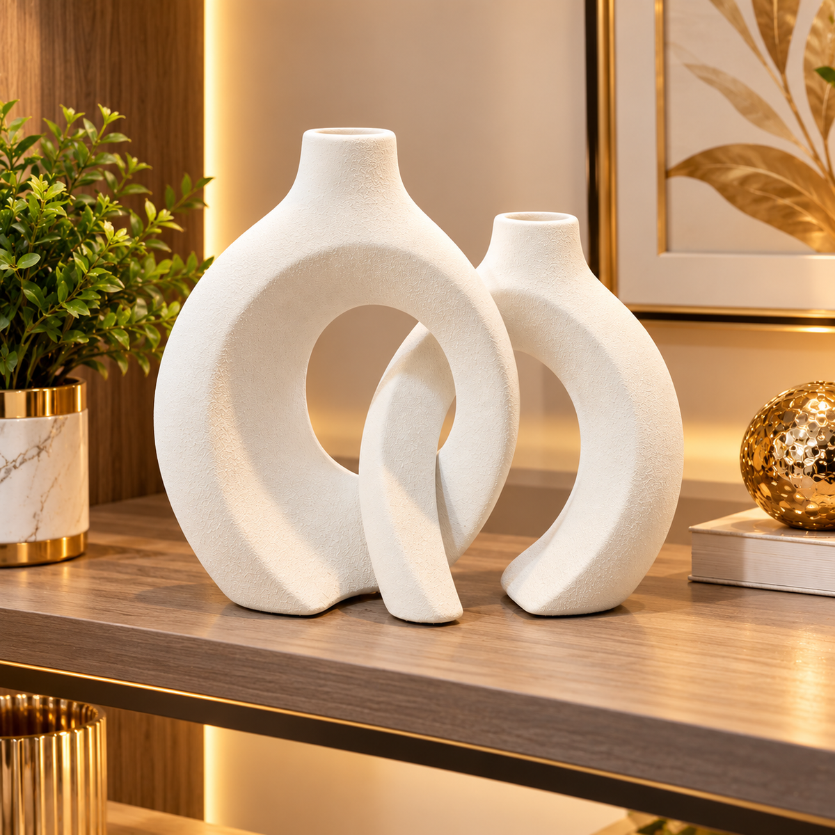 WHITE INTERLOCKING LOOP DECORATIVE VASE SET
