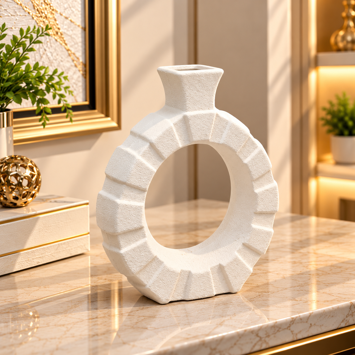 WHITE ROUND RIBBED OPEN CENTER DECORATIVE VASE - SMALL