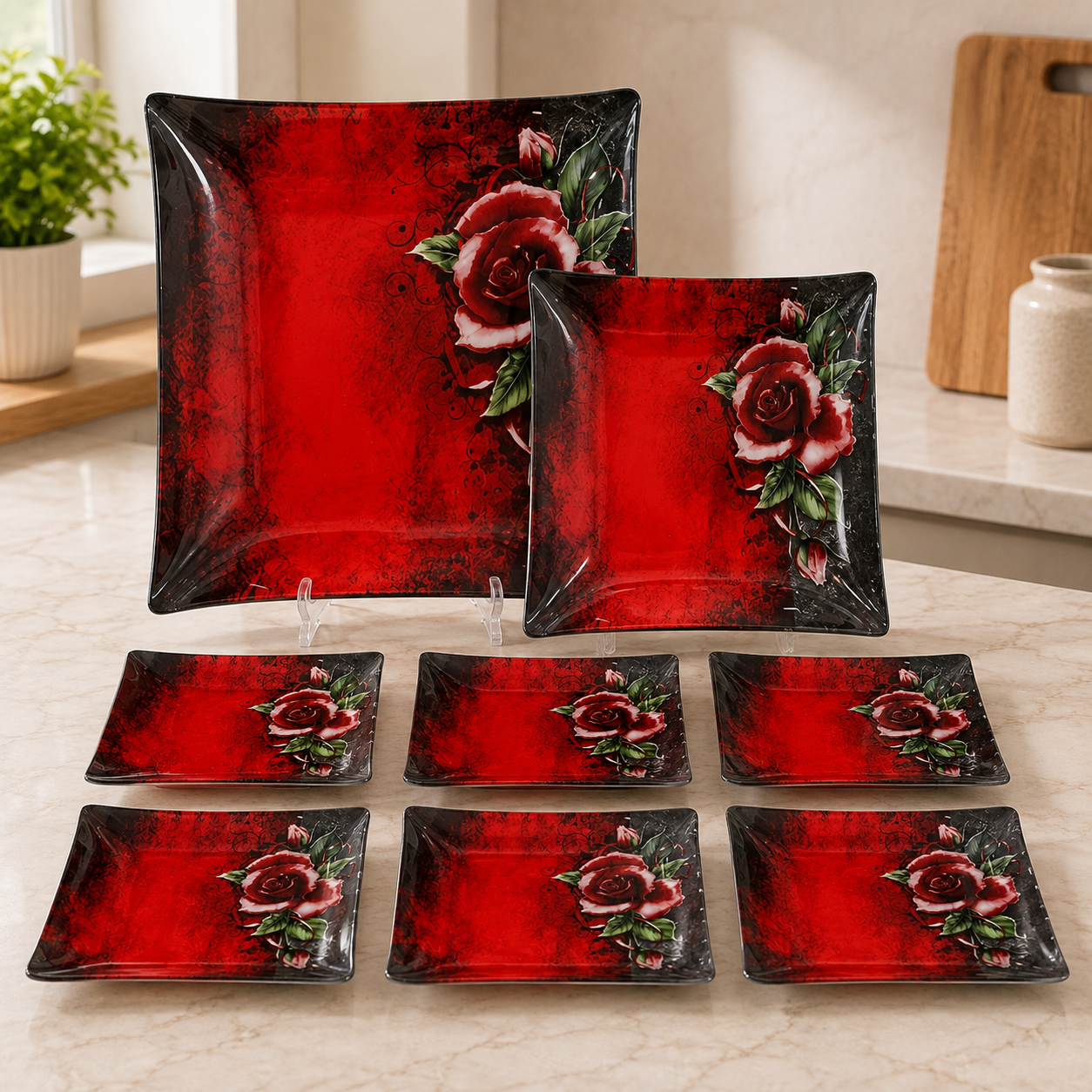ARCOFAM RED ROSE SQUARE GLASS SERVING PLATE SET - RED ARAGOL