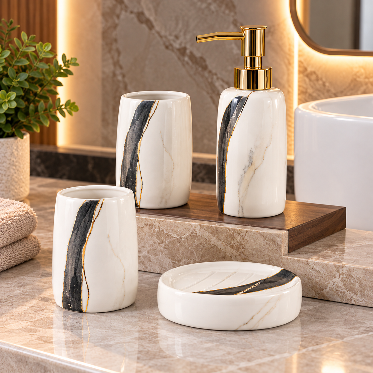 WHITE & BLACK MARBLE DESIGN CERAMIC BATHROOM ACCESSORY SET WITH GOLD DETAILING