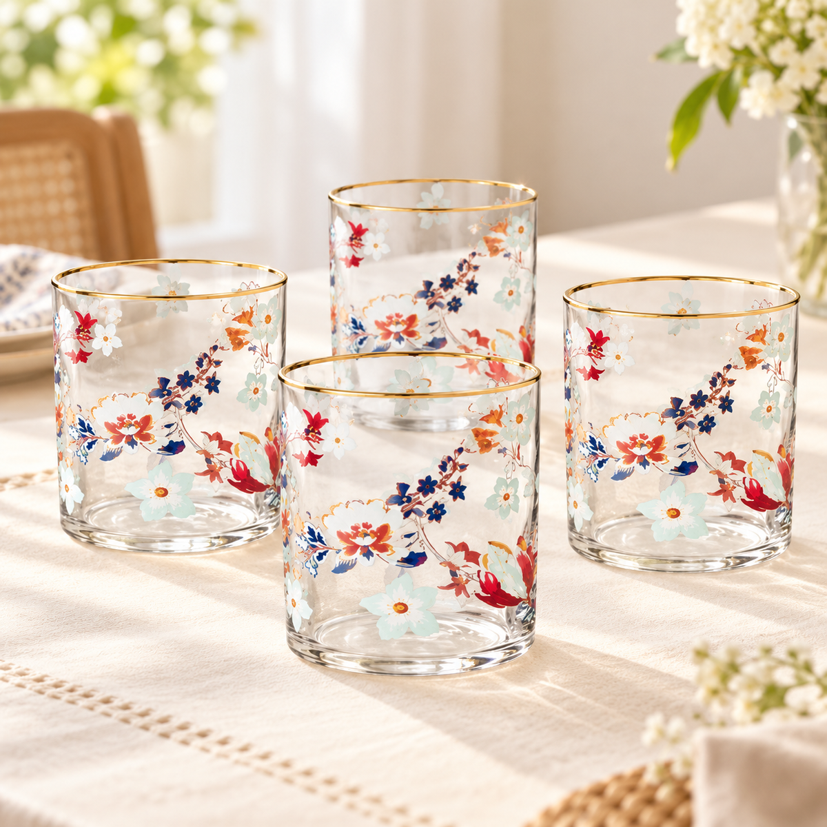 Danny Home 4 Piece Floral Gold Rim Tumbler Set - 390 ml