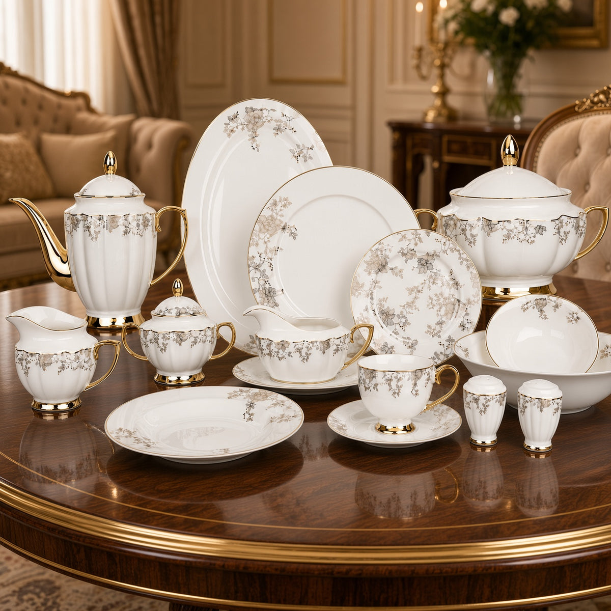 Johnson Bros Inspired Delicate Beige Gold Floral Patterns Bone China Dinner Set