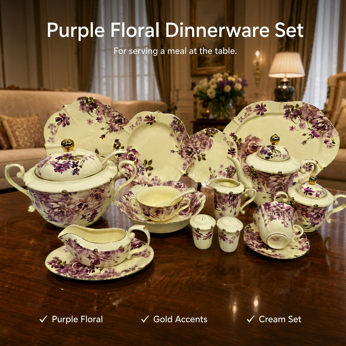 Royal Albert Inspired Purple Floral Patterns & Gold Accents 75 Pieces 8 Persons Serving Bone China Dinner Set