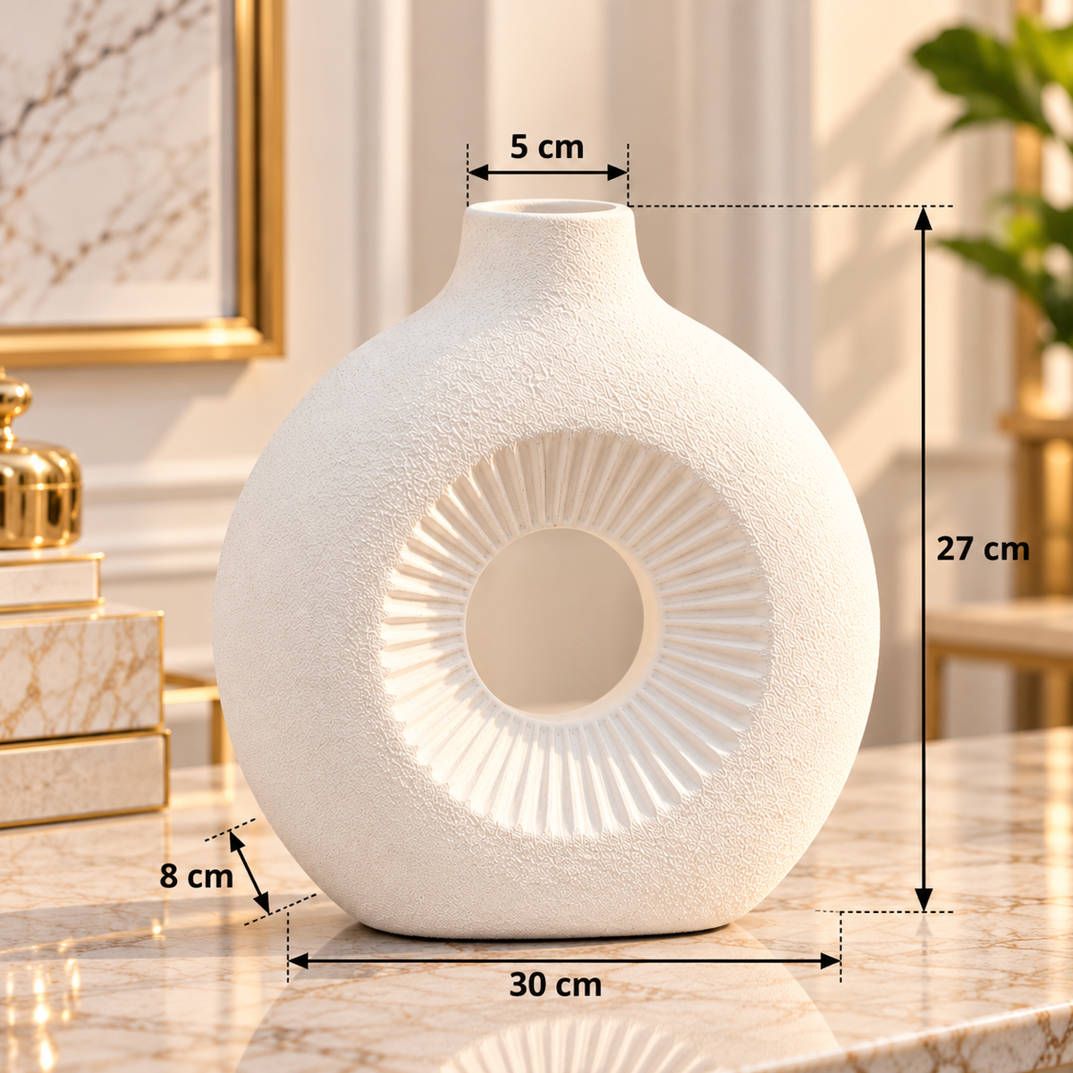 WHITE ROUND OPEN CENTER DECORATIVE VASE - LARGE