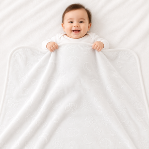 HAPPIMUMS BABY PLUSH SLEEPING BLANKET DOUBLE PLY CLOUD & BOW 110 x 80 - WHITE