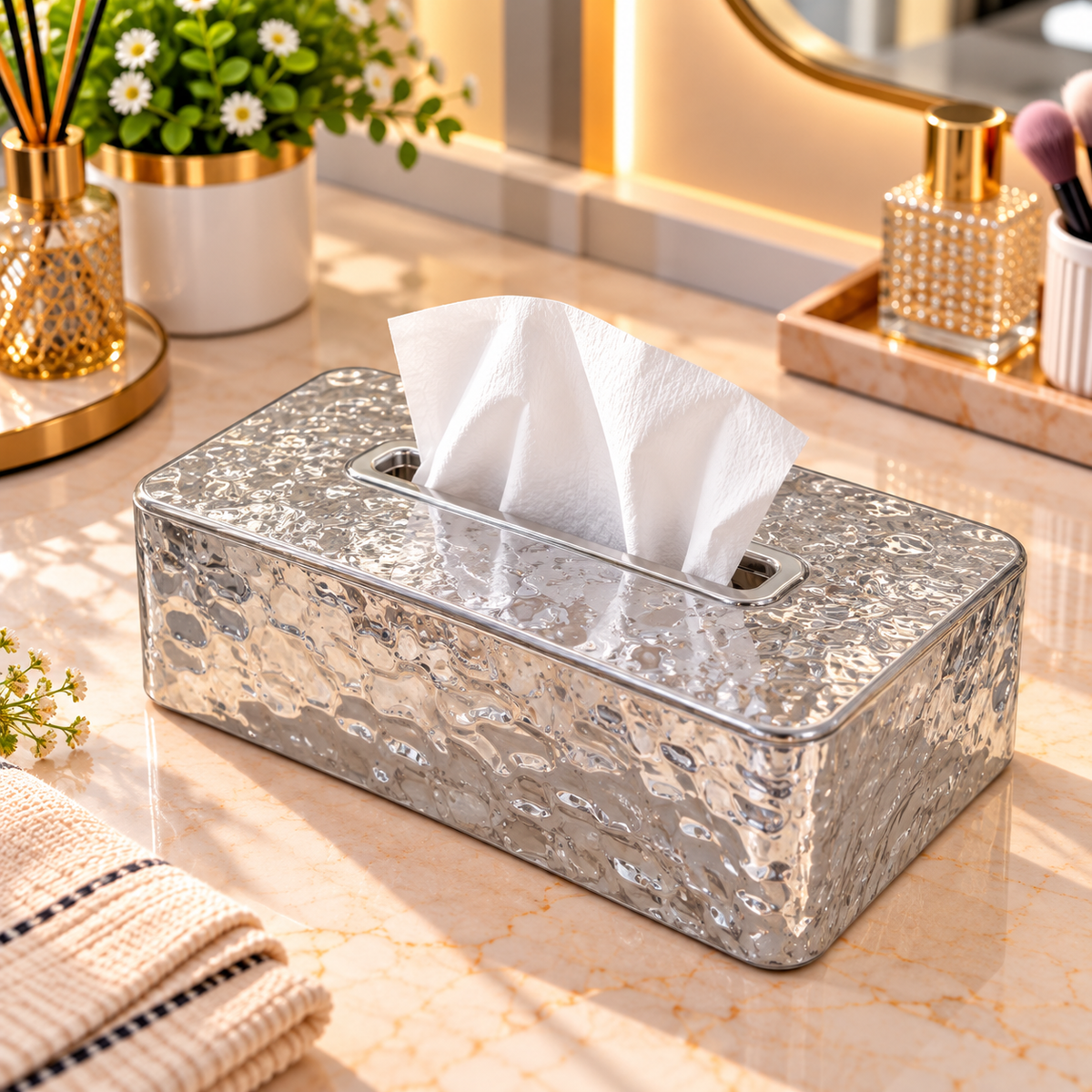 SILVER HAMMERED TEXTURE RECTANGULAR TISSUE BOX