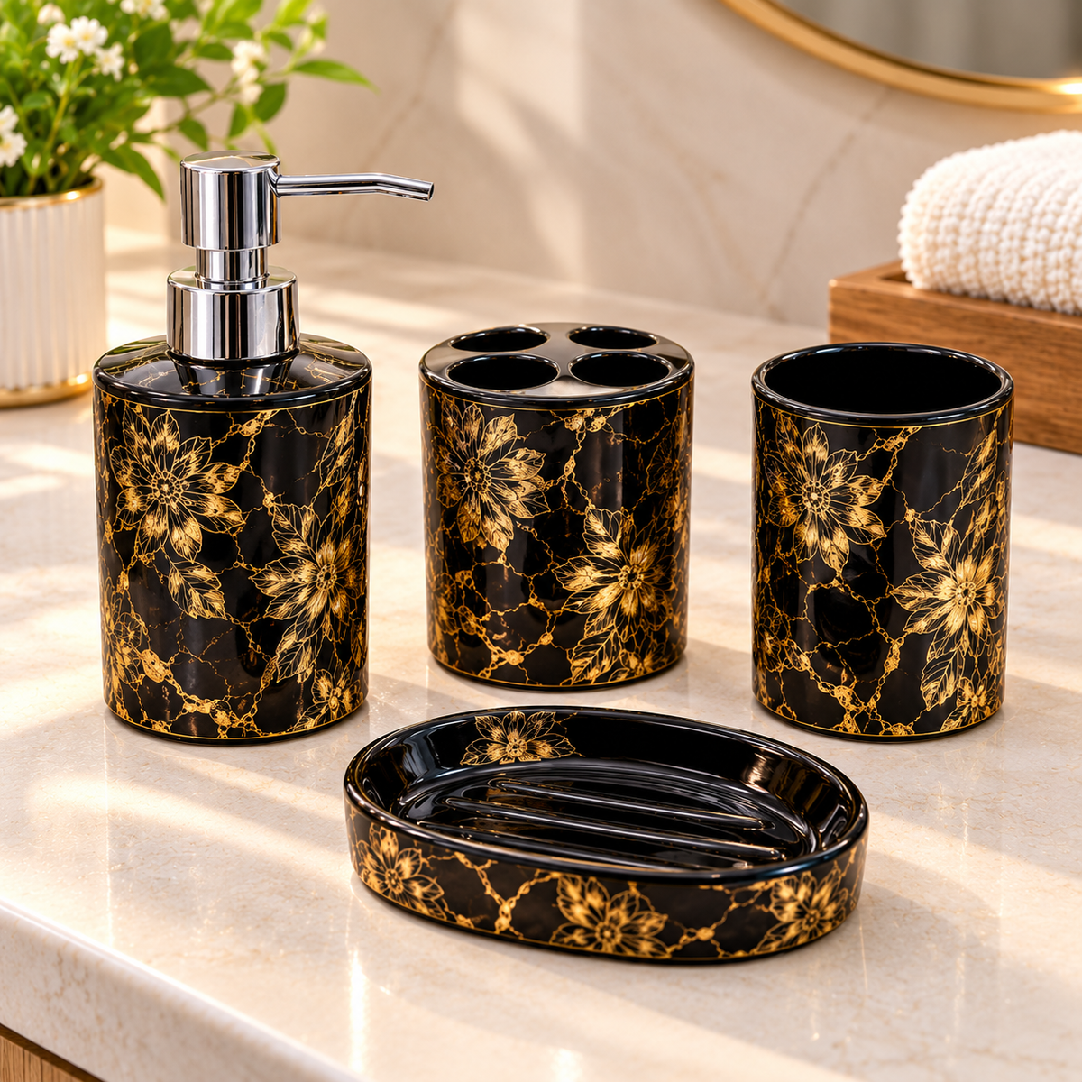 BLACK & GOLD FLORAL MARBLE DESIGN CERAMIC BATHROOM ACCESSORY SET
