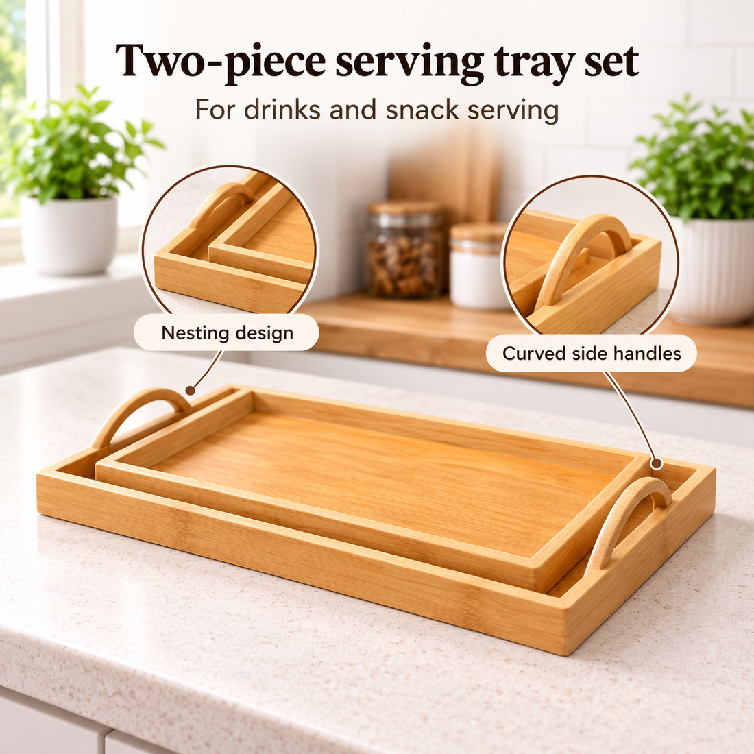 Danny Home Bamboo Wooden Serving Tray Set 2PCS With Handles Nesting Breakfast Tea Food Trays 40+37CM