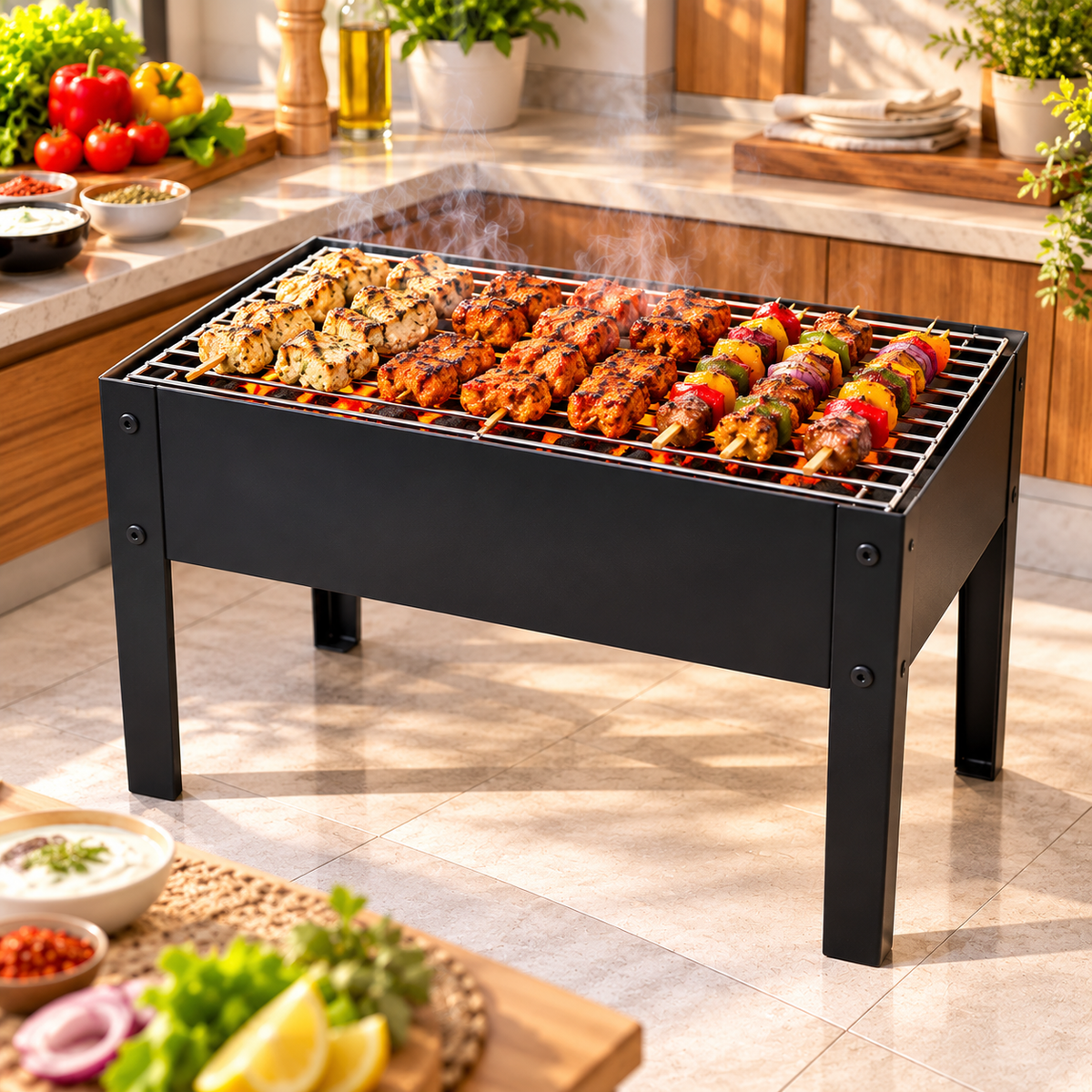 PORTABLE RECTANGULAR CHARCOAL BBQ GRILL WITH METAL STAND - 50 cm