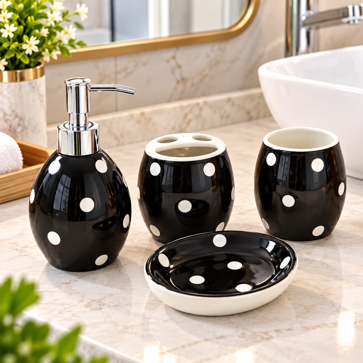 BLACK & WHITE POLKA DOT CERAMIC BATHROOM ACCESSORY SET