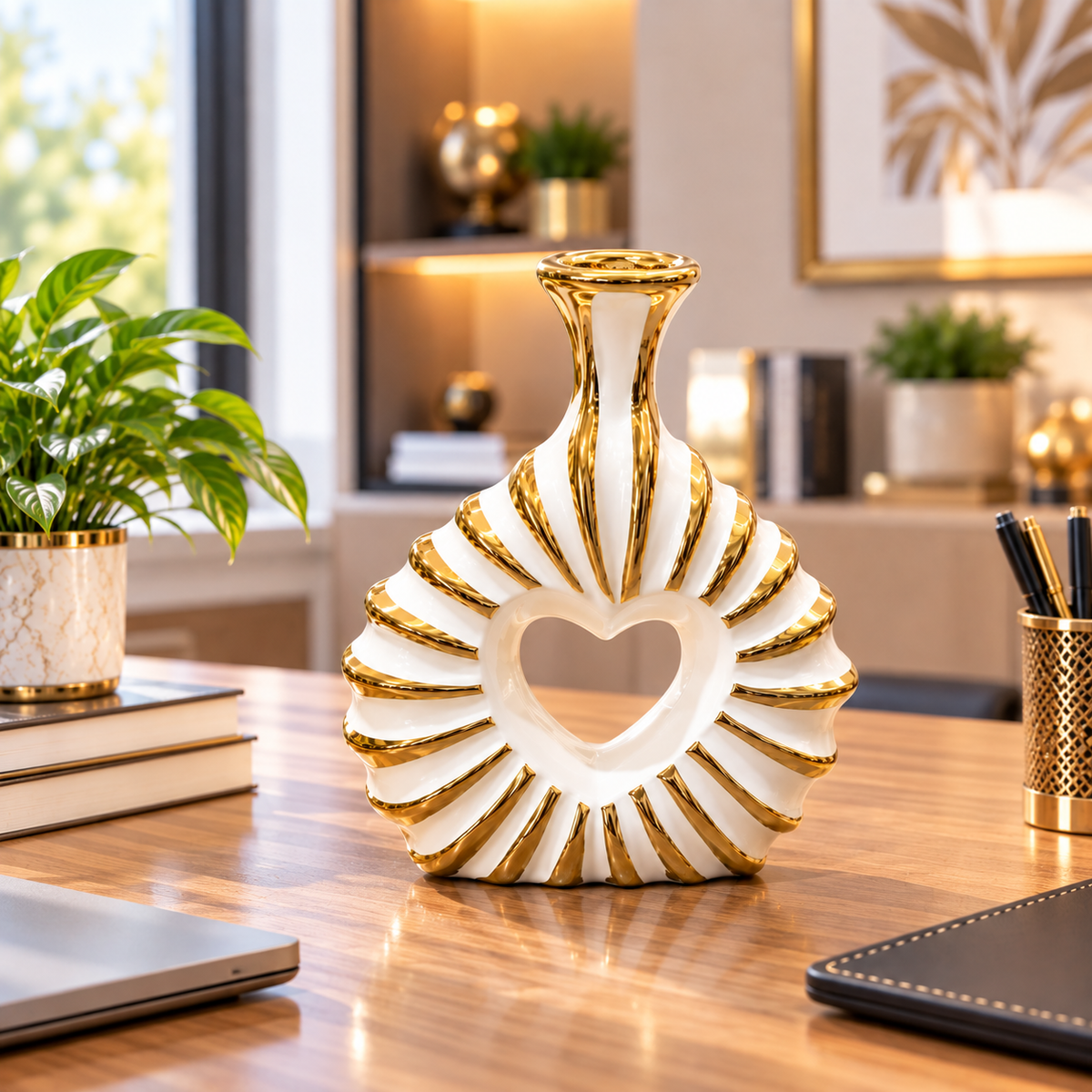 WHITE & GOLD HEART DESIGN DECORATIVE VASE - SMALL