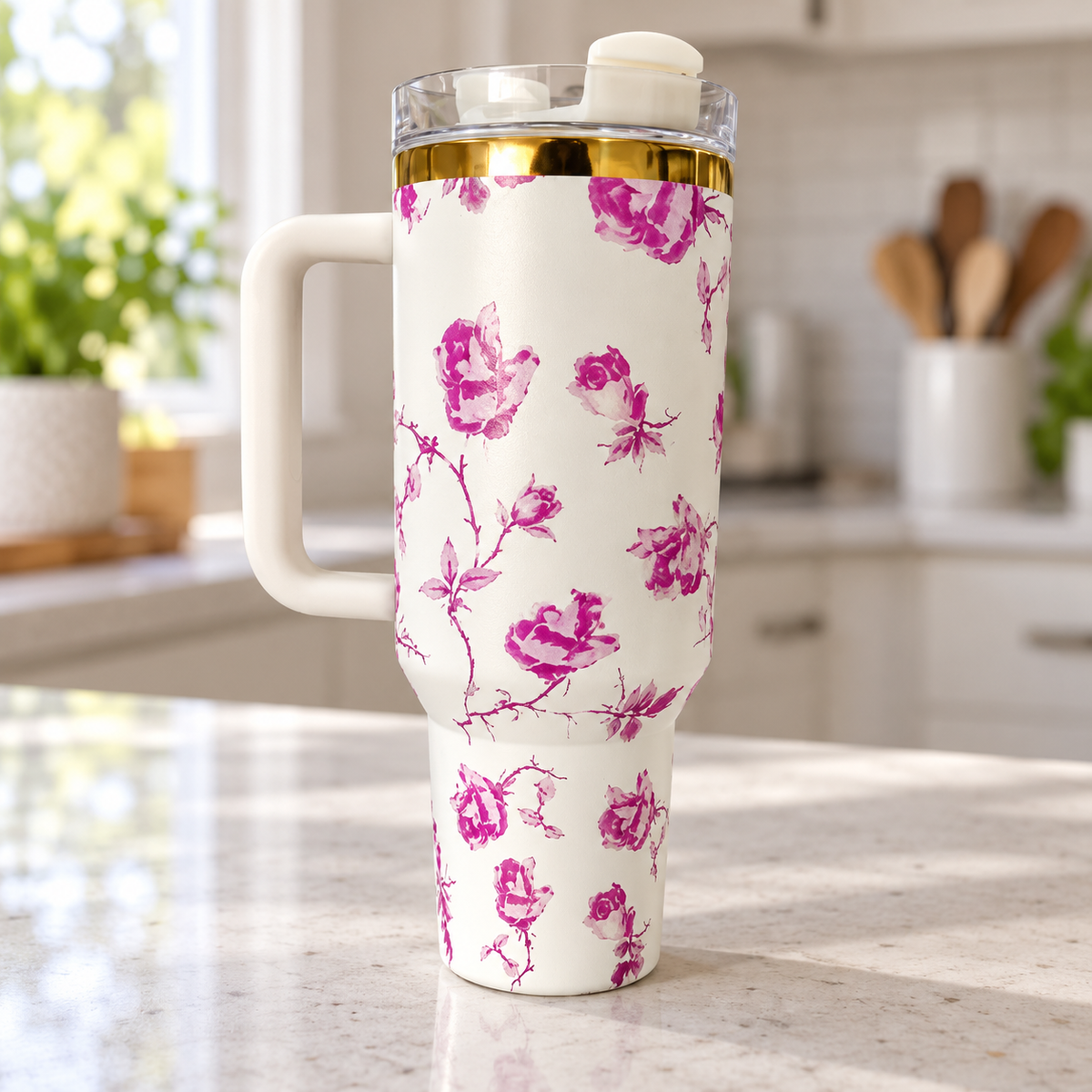 Rose Print Handle Tumbler