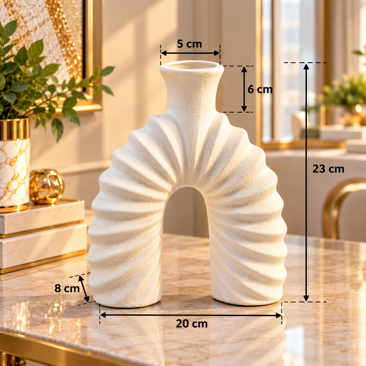 WHITE ARCH SHAPE RIBBED TEXTURE DECORATIVE VASE - SMALL