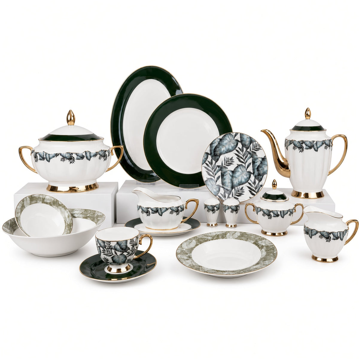 Johnson Bros Inspired Green Leaf Patterns Bone China Dinner Set