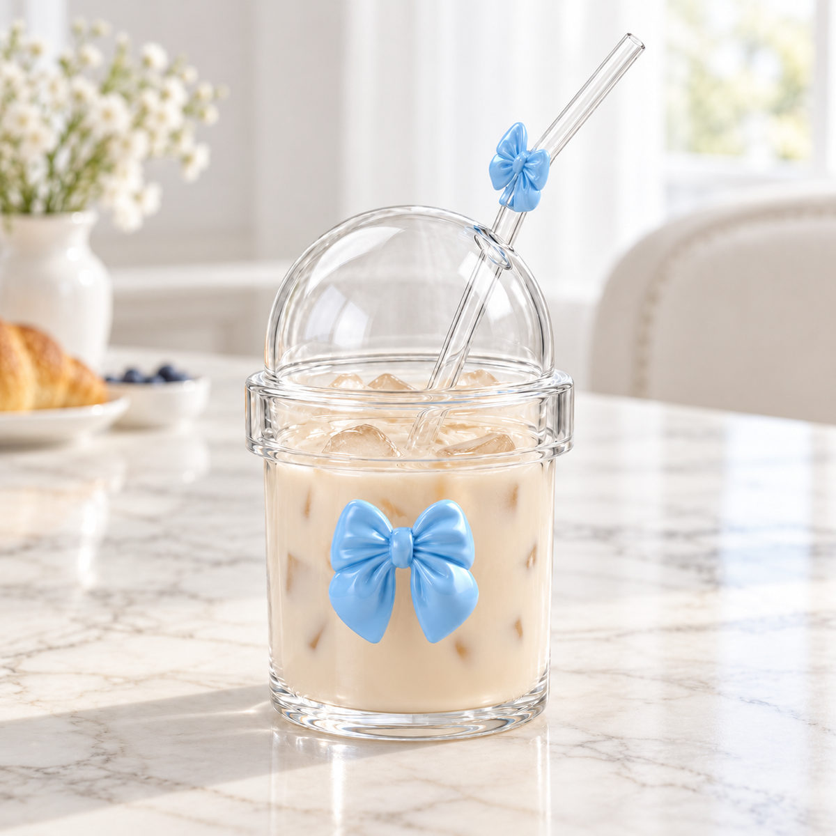 Glasslux Pookie Bow Dome Cup With Straw - Blue / 400 ml