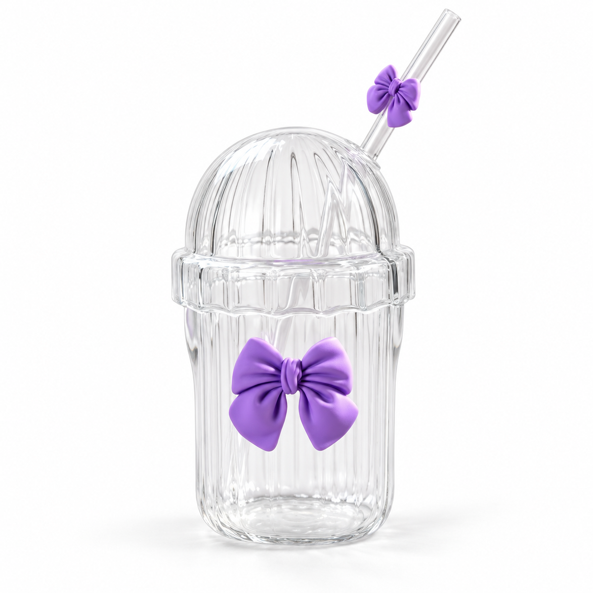 Glasslux Ribbed Pookie Bow Dome Cup With Straw - Purple / 400 ml