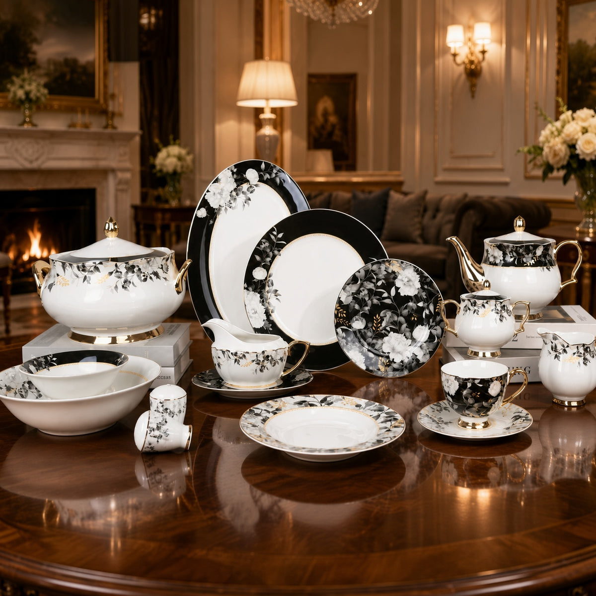 Johnson Bros Inspired Noir Blossoms Bone China Dinner Set