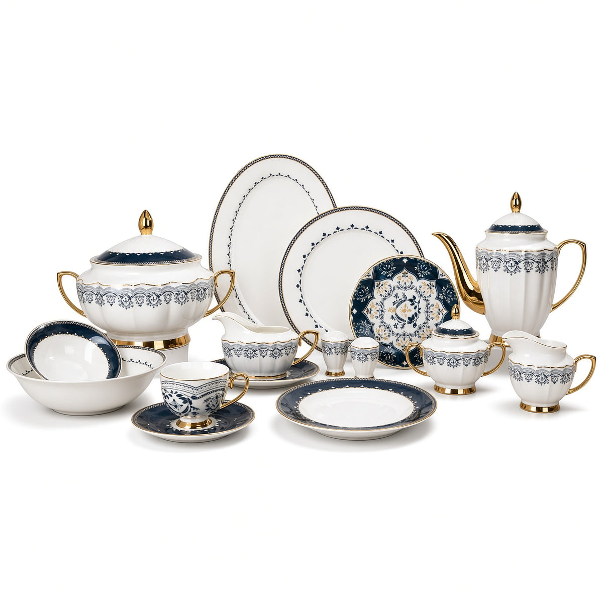 Johnson Bros Inspired Navy Gold Patterns Bone China Dinner Set