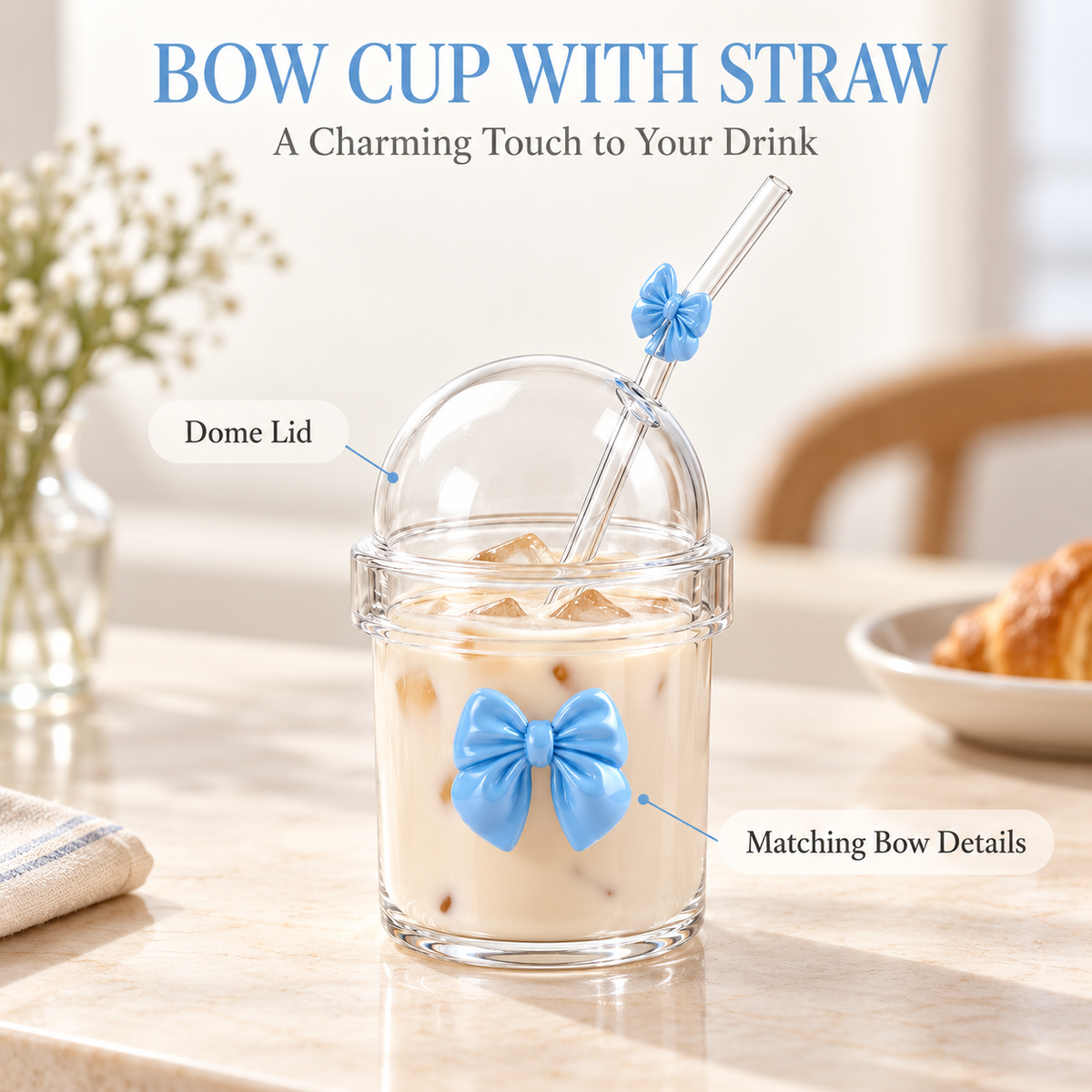 Glasslux Pookie Bow Dome Cup With Straw - Blue / 400 ml