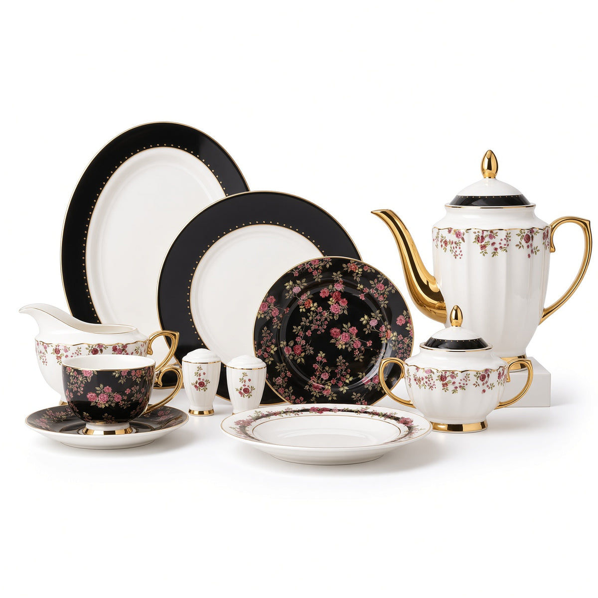 Johnson Bros Inspired Pink Rose Black Floral Patterns Bone China Dinner Set