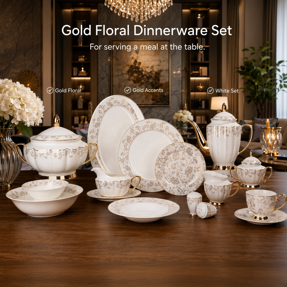 Johnson Bros Inspired Delicate Gold Floral Patterns Bone China Dinner Set