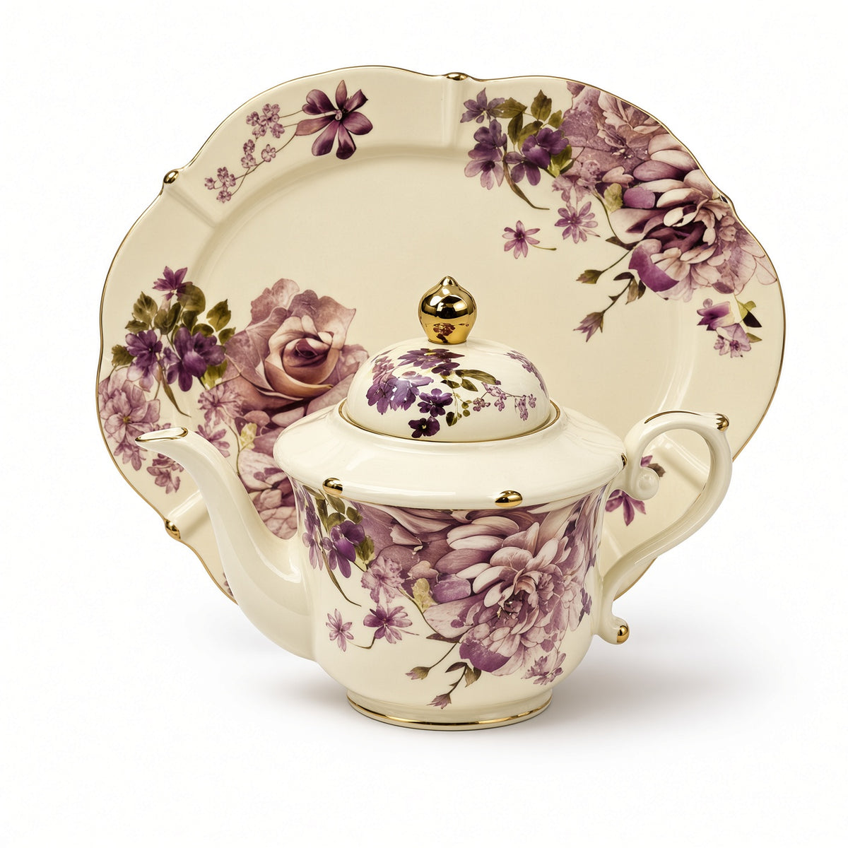 Royal Albert Inspired Purple Floral Patterns & Gold Accents 75 Pieces 8 Persons Serving Bone China Dinner Set
