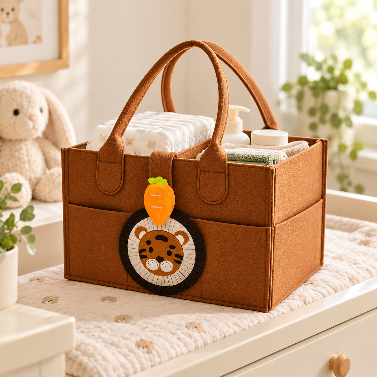Felt Diaper Caddy – Tiger – Brown – Nursery Lifestyle