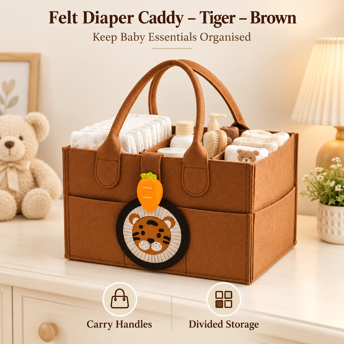Felt Diaper Caddy – Tiger – Brown – Baby Essentials Storage Demonstration