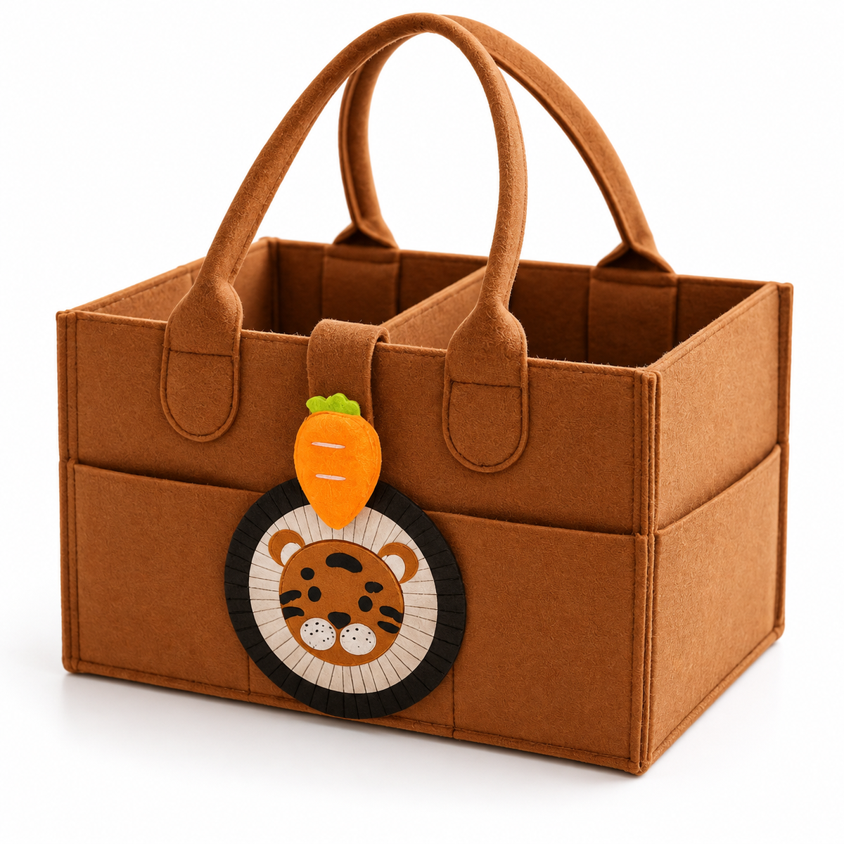 Felt Diaper Caddy – Tiger – Brown – Elevated Studio View