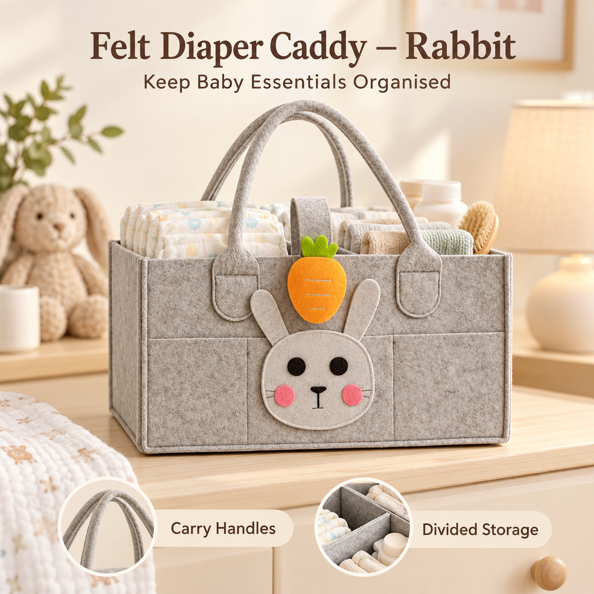 Felt Diaper Caddy – Rabbit – Baby Essentials Storage Demonstration