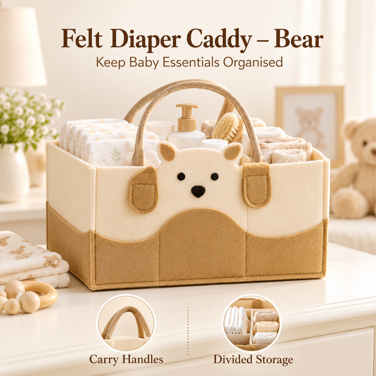 Felt Diaper Caddy – Bear – Baby Essentials Storage Demonstration