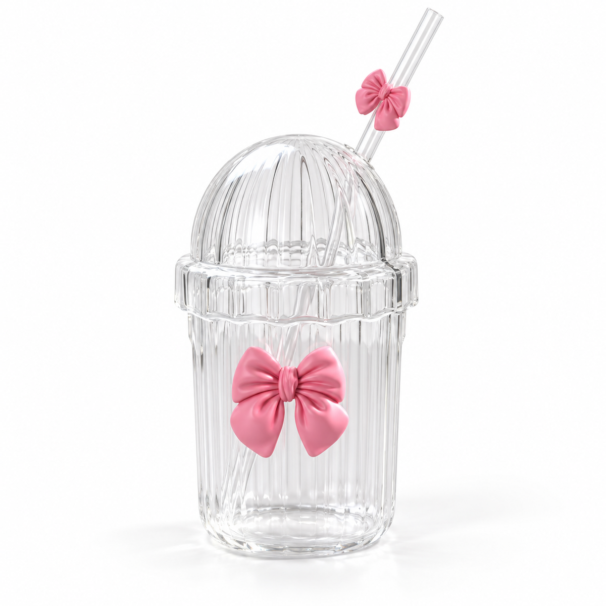 Glasslux Ribbed Pookie Bow Dome Cup With Straw - Pink / 400 ml