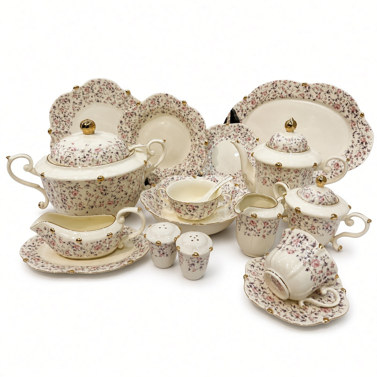 Royal Albert Inspired Cream Set Pink Floral & Gold Trims 75 Pieces 8 Persons Serving Bone China Dinner Set