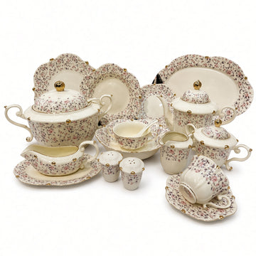 Royal Albert Inspired Cream Set Pink Floral & Gold Trims 75 Pieces 8 Persons Serving Bone China Dinner Set