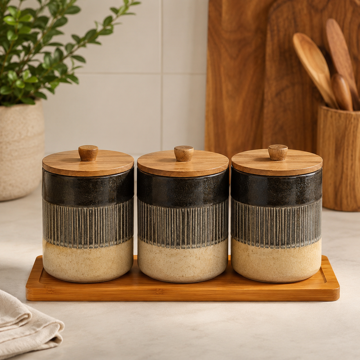 LIANQING CANISTER SET 3 PCS WITH WOODEN LIDS