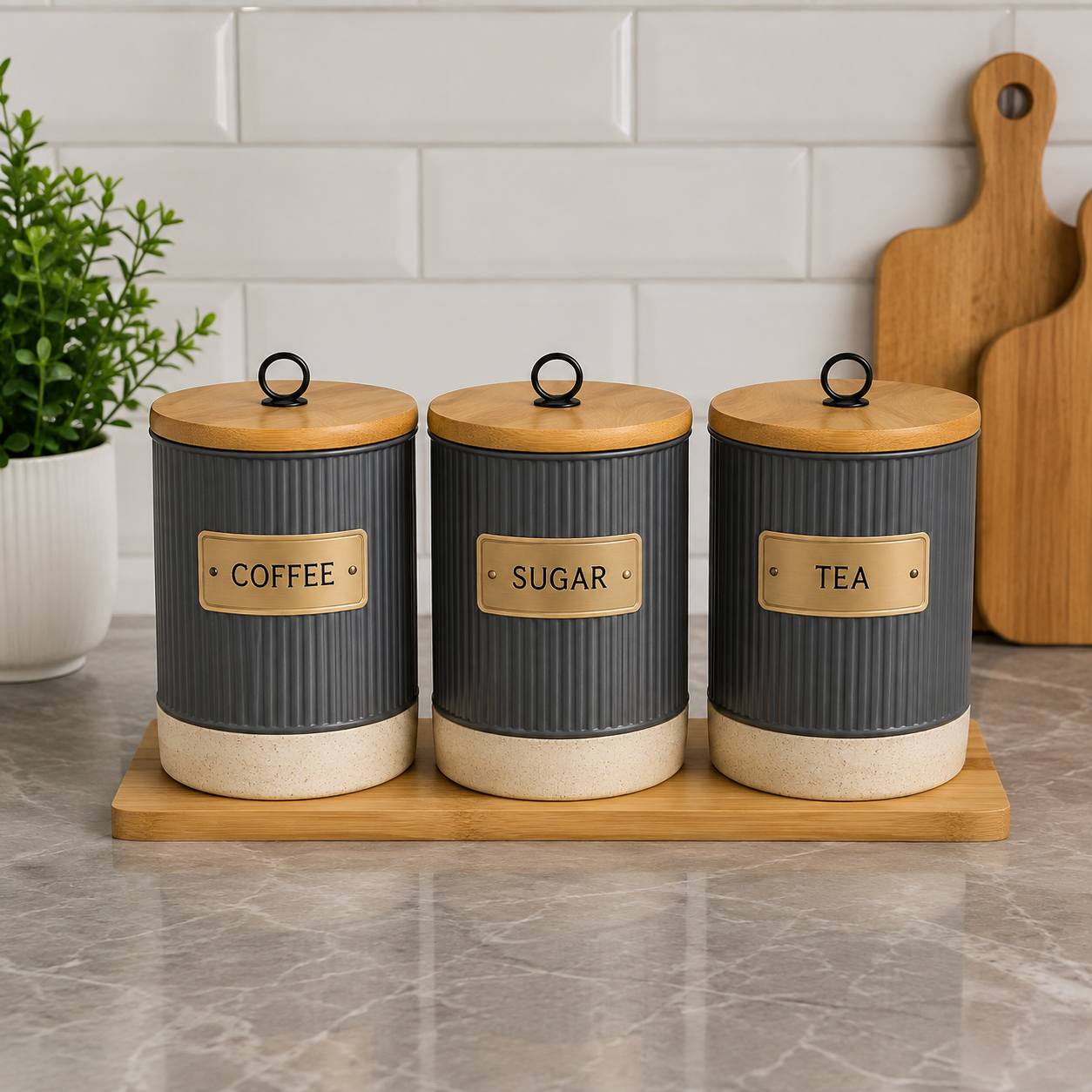 LIANQING CANISTER SET 3 PCS WITH WOODEN TRAY