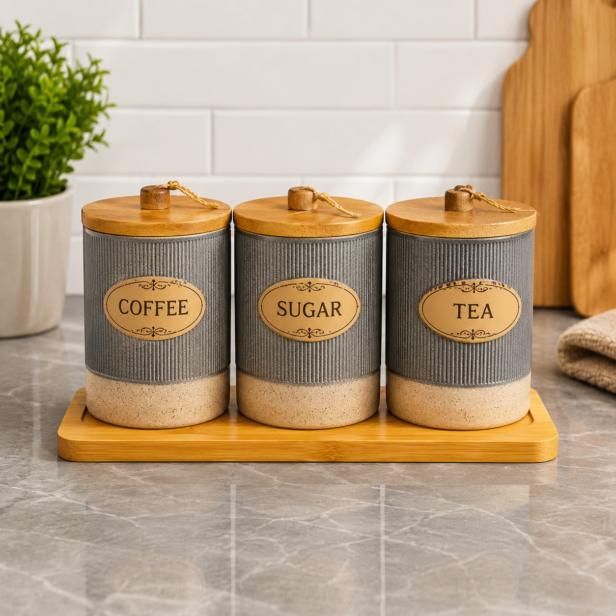 LIANQING CANISTER SET 3 PCS WITH WOODEN TRAY