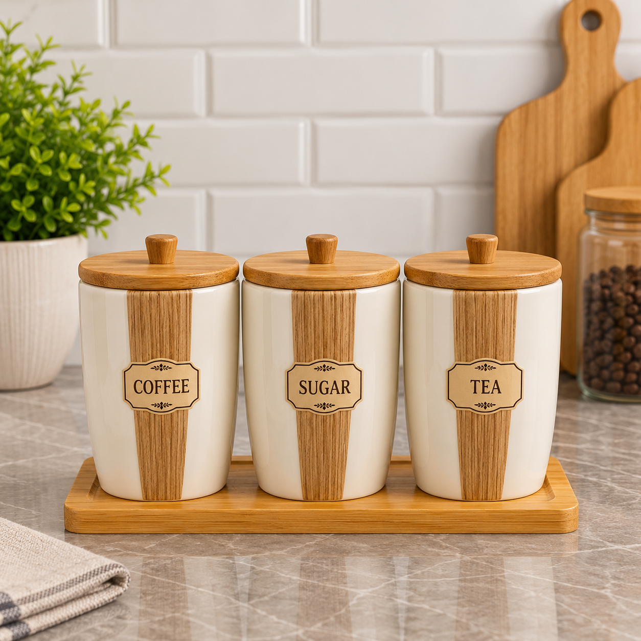 LIANQING CANISTER SET 3 PCS WITH WOODEN TRAY