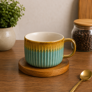 STONE CUP WITH WOODEN SAUCER SET - 6 PIECE