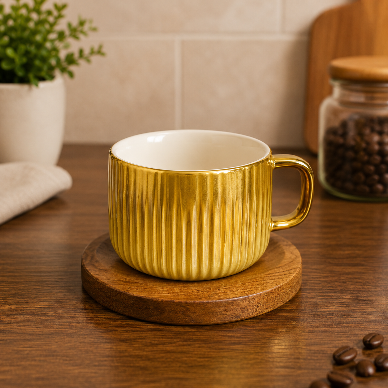 STONE CUP WITH WOODEN SAUCER SET - 6 PIECE
