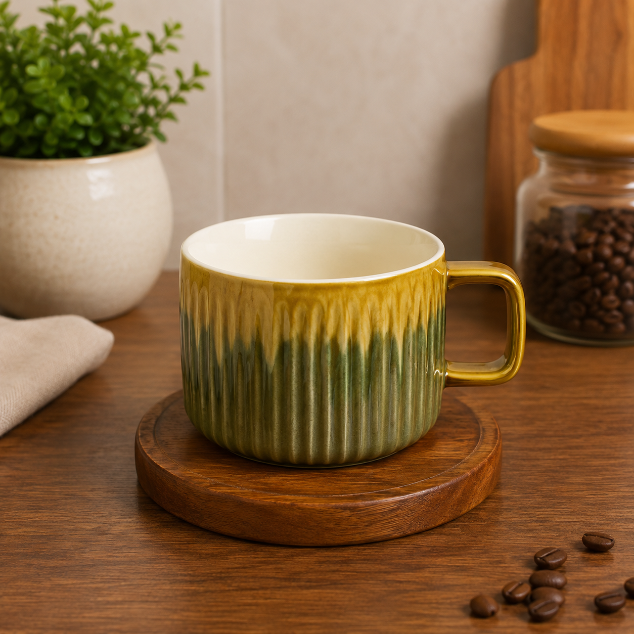 STONE CUP WITH WOODEN SAUCER SET - 6 PIECE
