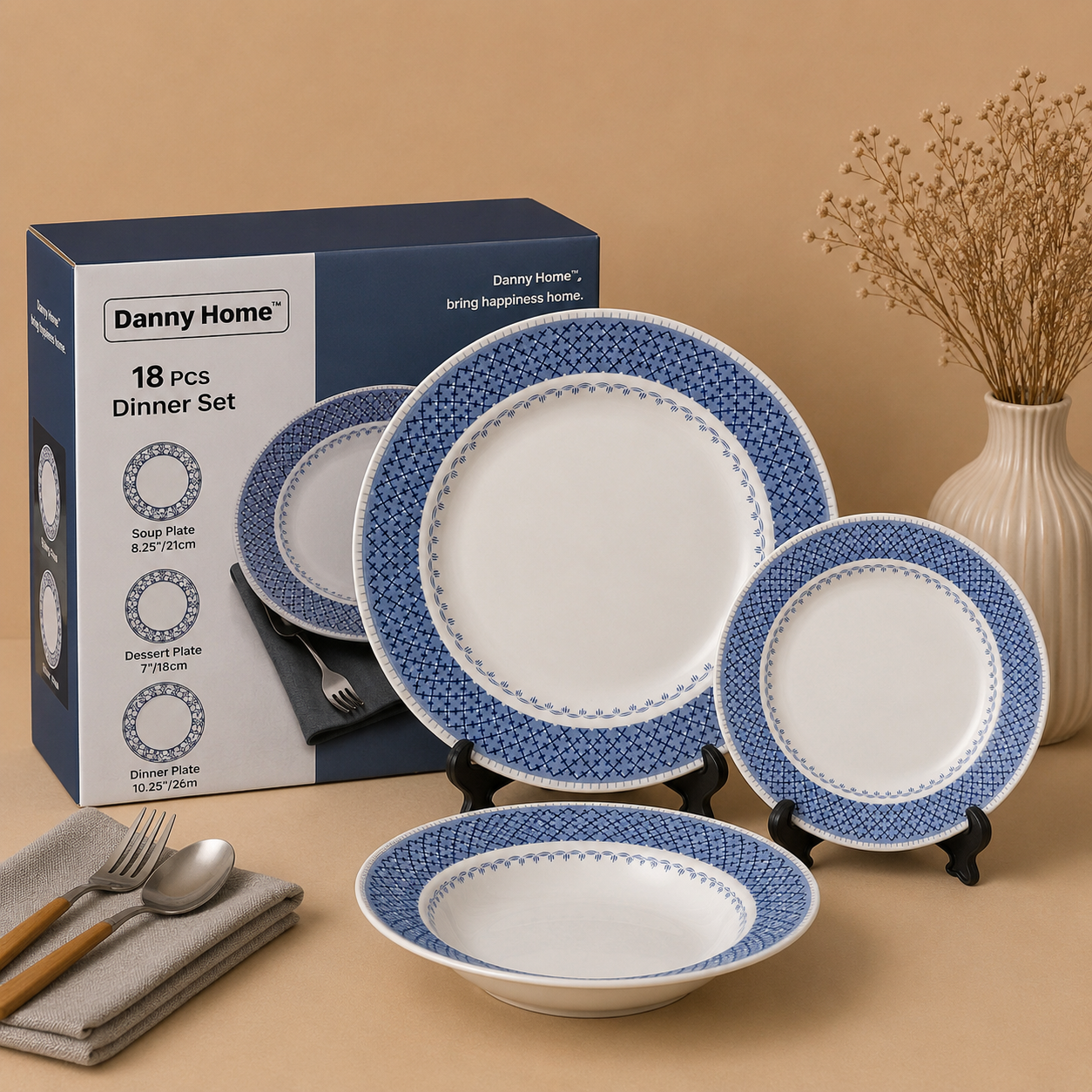 DANNY HOME 18 PCS BLUE CROSSHATCH DINNER SET