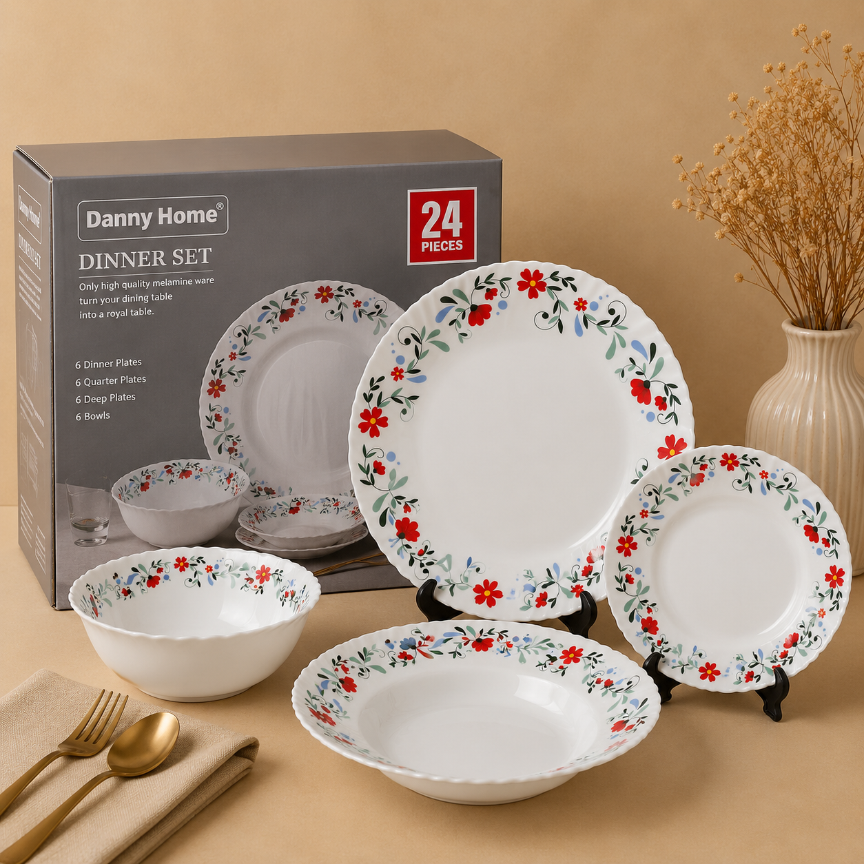 DANNY HOME 24 PCS SCARLET BLOSSOM DINNER SET