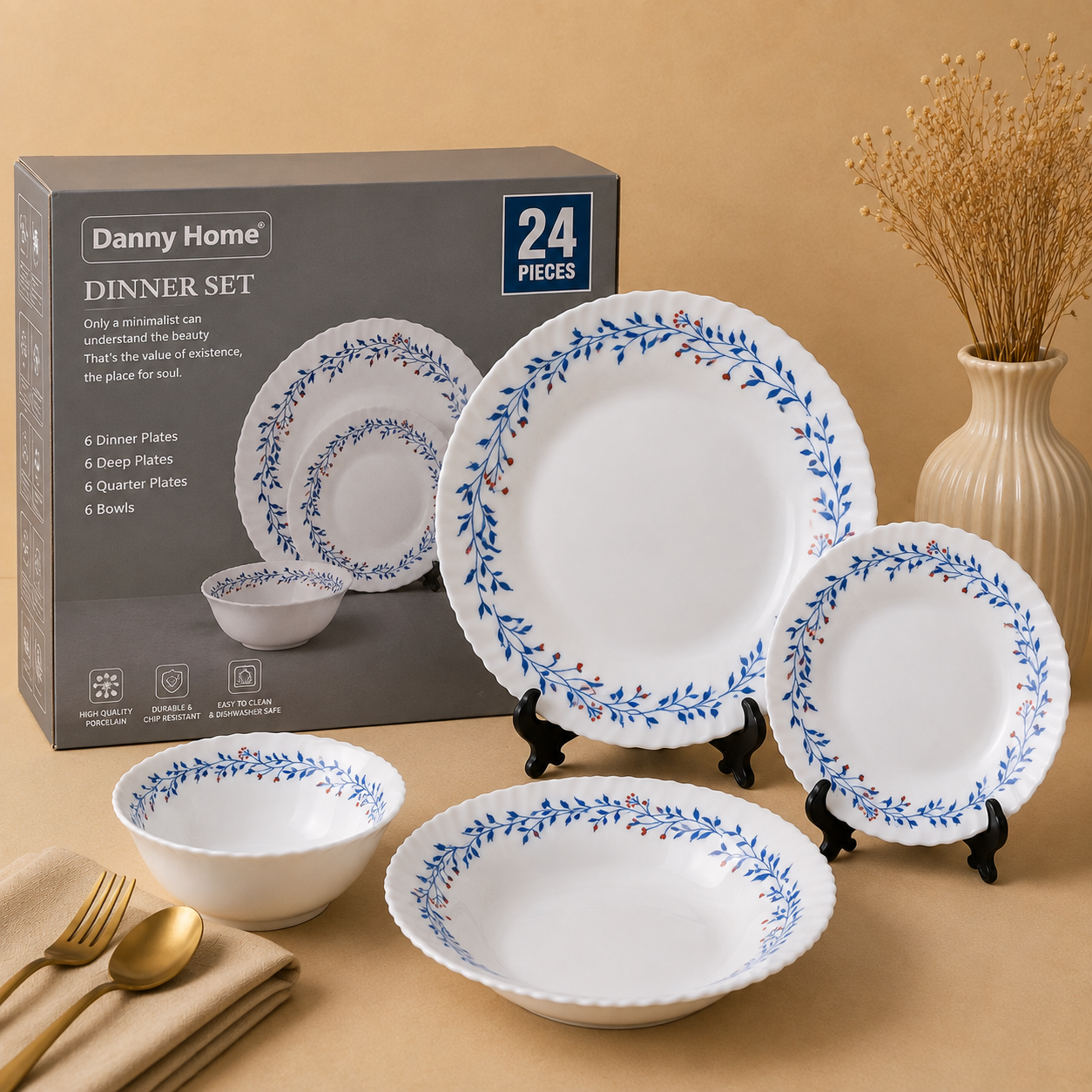 DANNY HOME 24 PCS BLUE BOTANICAL DINNER SET