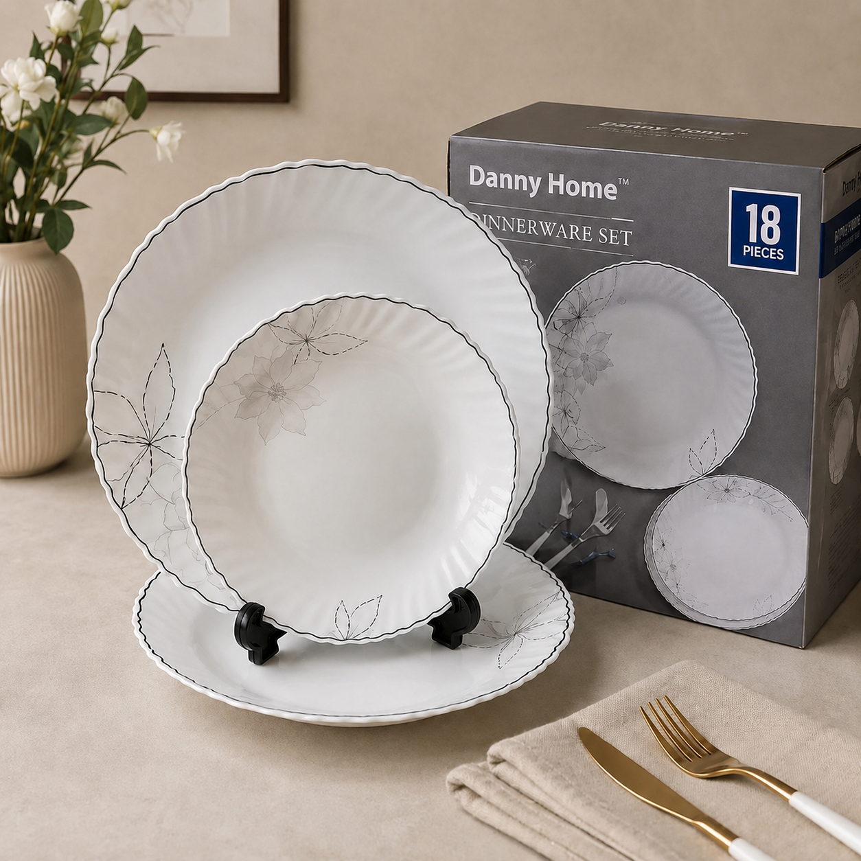 DANNY HOME 18 PCS ELEGANT FLORAL DINNERWARE SET