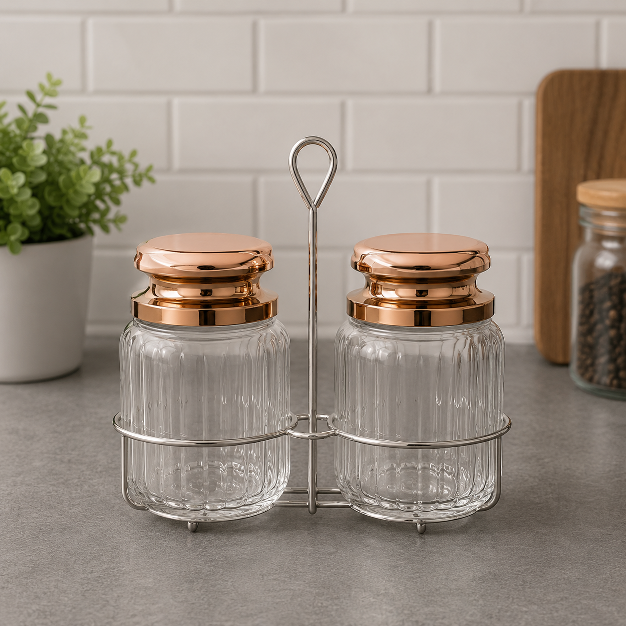 2 PCS GLASS CONDIMENT JAR SET WITH METAL STAND