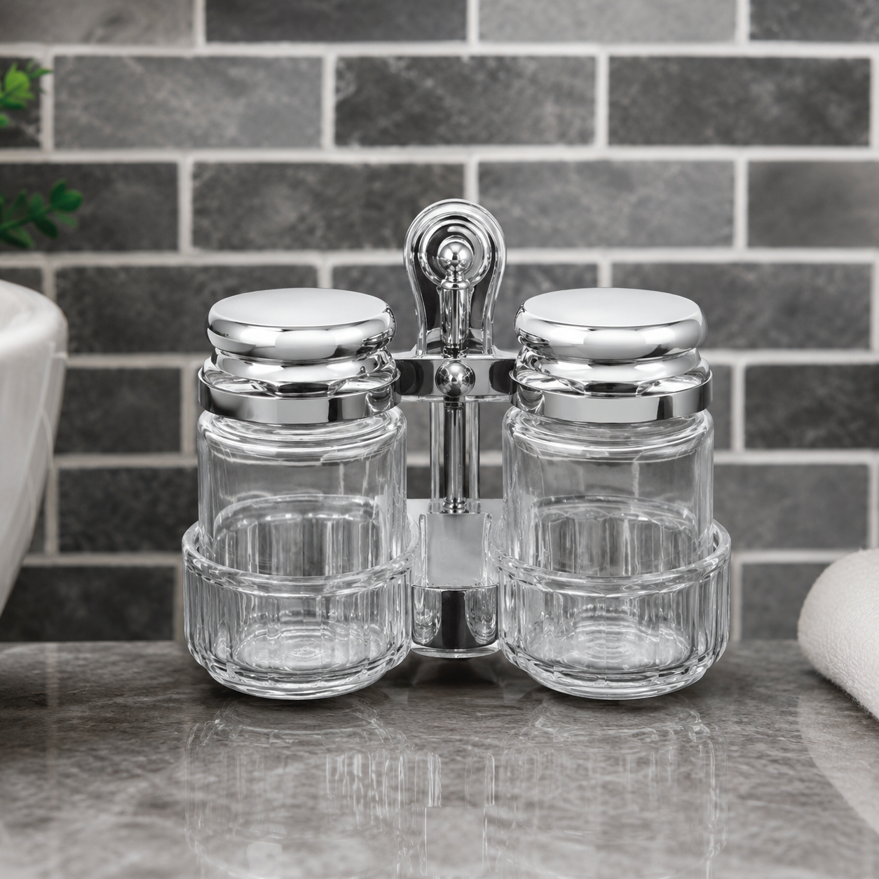 DOUBLE GLASS CONDIMENT JAR SET WITH METAL STAND