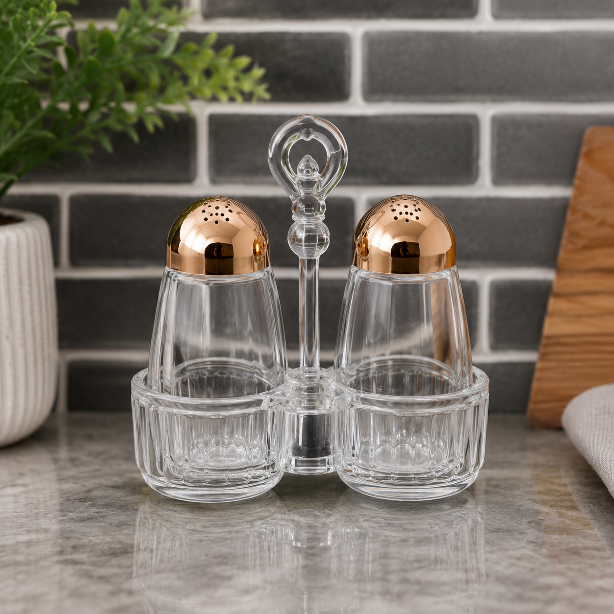 2 PCS GLASS SALT & PEPPER SHAKER SET WITH ROSE GOLD LIDS